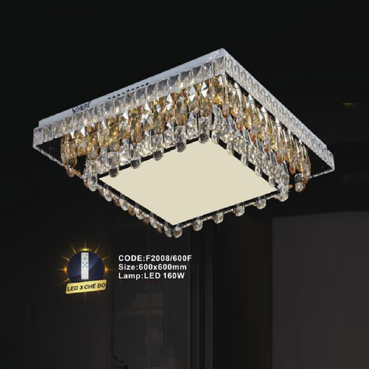 CODE: F2008/600F:  Đèn áp trần vuông LED - KT: L600mm x W600mm - Đèn LED 160W, ánh sáng đổi 3 màu