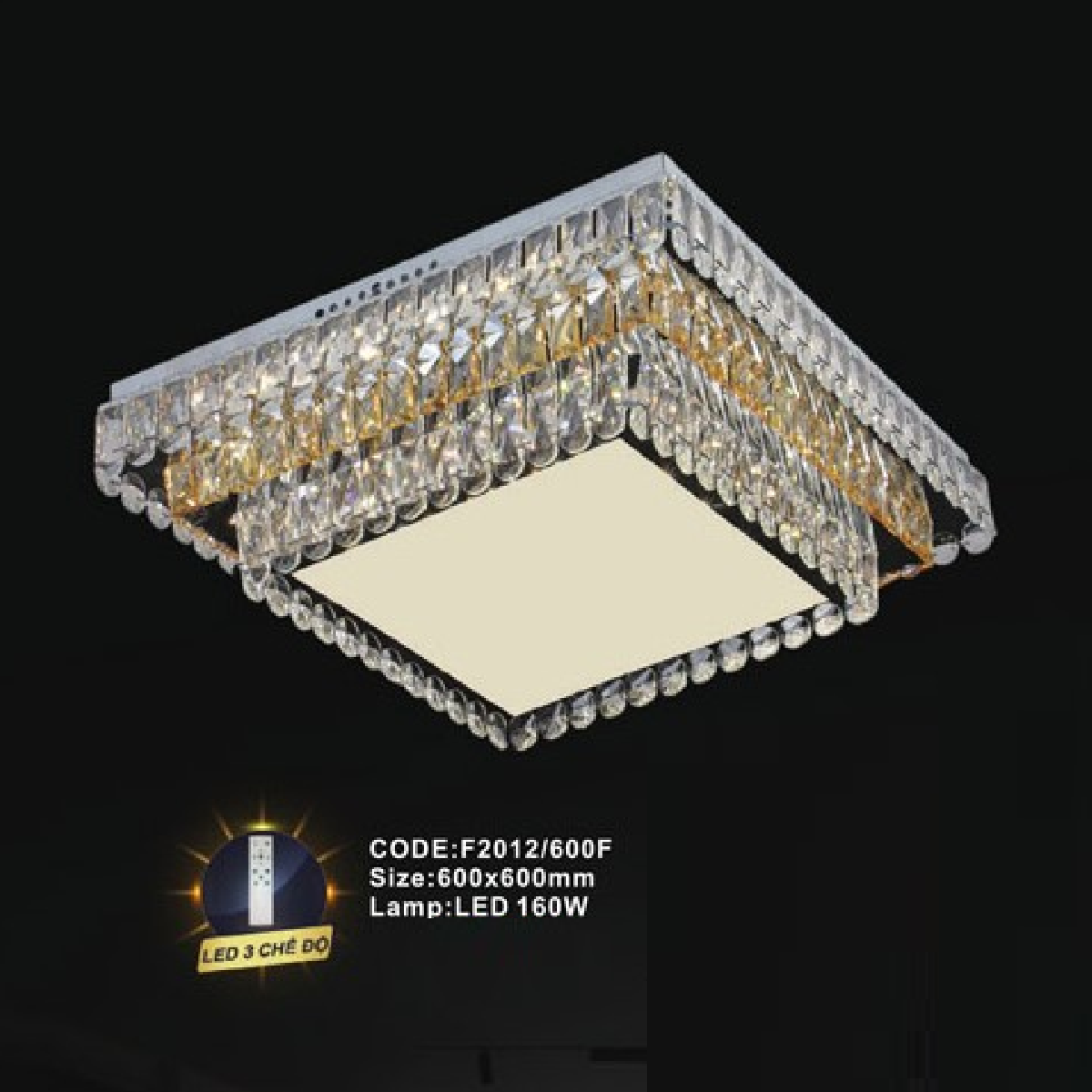 CODE: F2012/600F: Đèn áp trần vuông LED - KT: L600mm x W600mm - Đèn LED160W ánh sáng đổi 3 màu