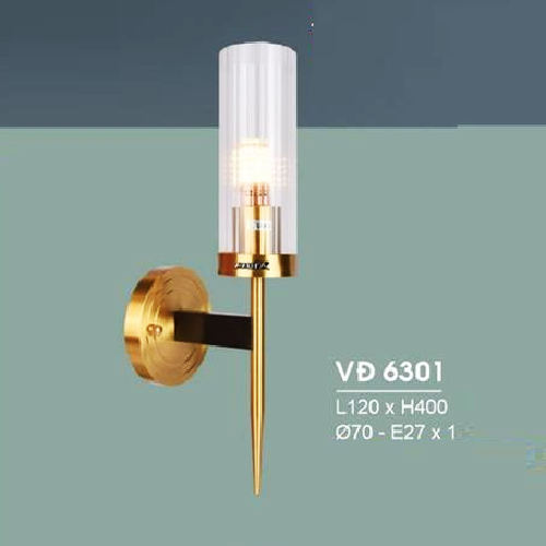 HF - VĐ 6301:Đèn gắn tường đồng 1 bóng - KT: Ø70mm - L120mm x H400mm - Đèn chân E27 x 1 bóng
