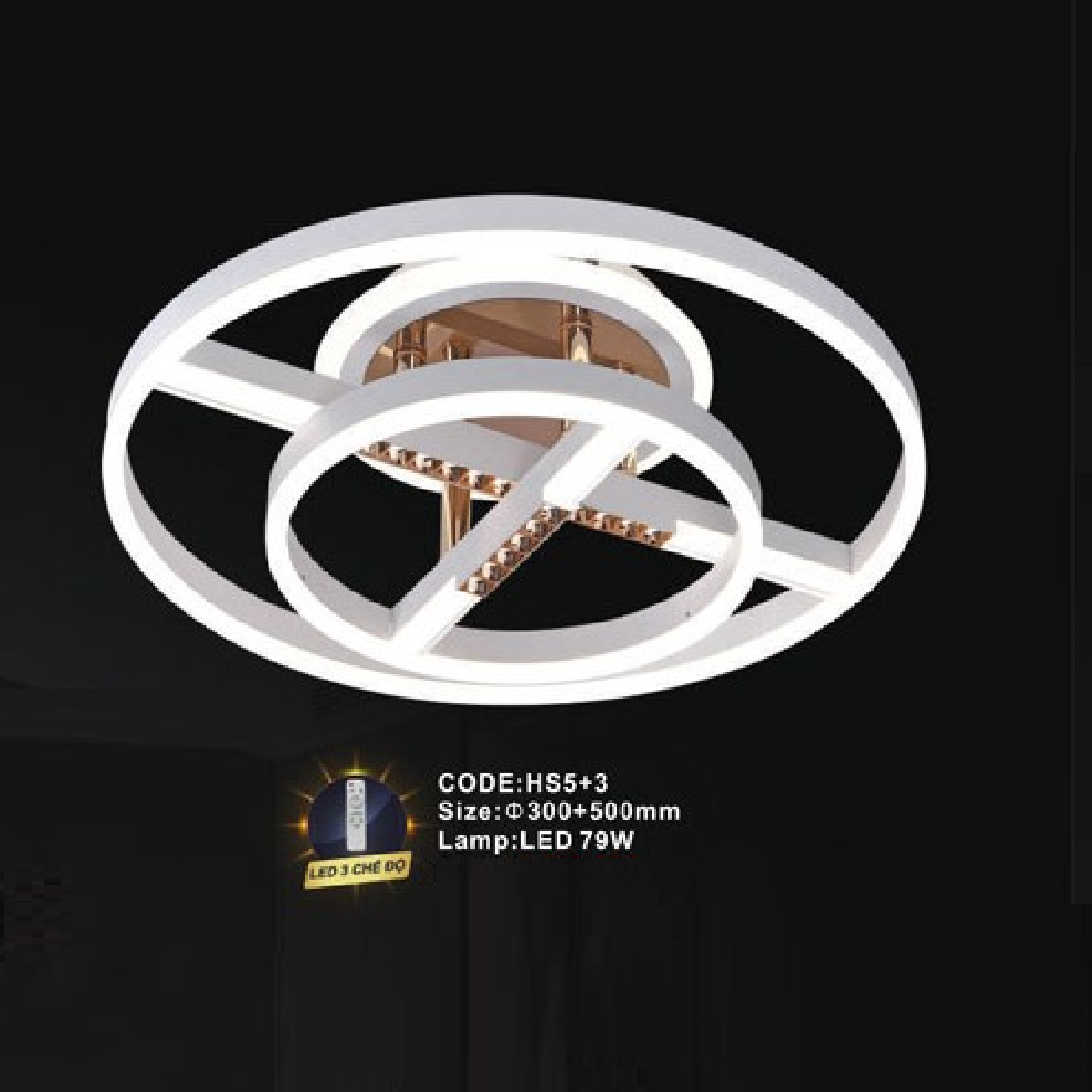 CODE: - HS5+3: Đèn áp trần LED Mica - KT: Ø(300+500)mm - Đèn LED 79W ánh sáng đổi 3 màu