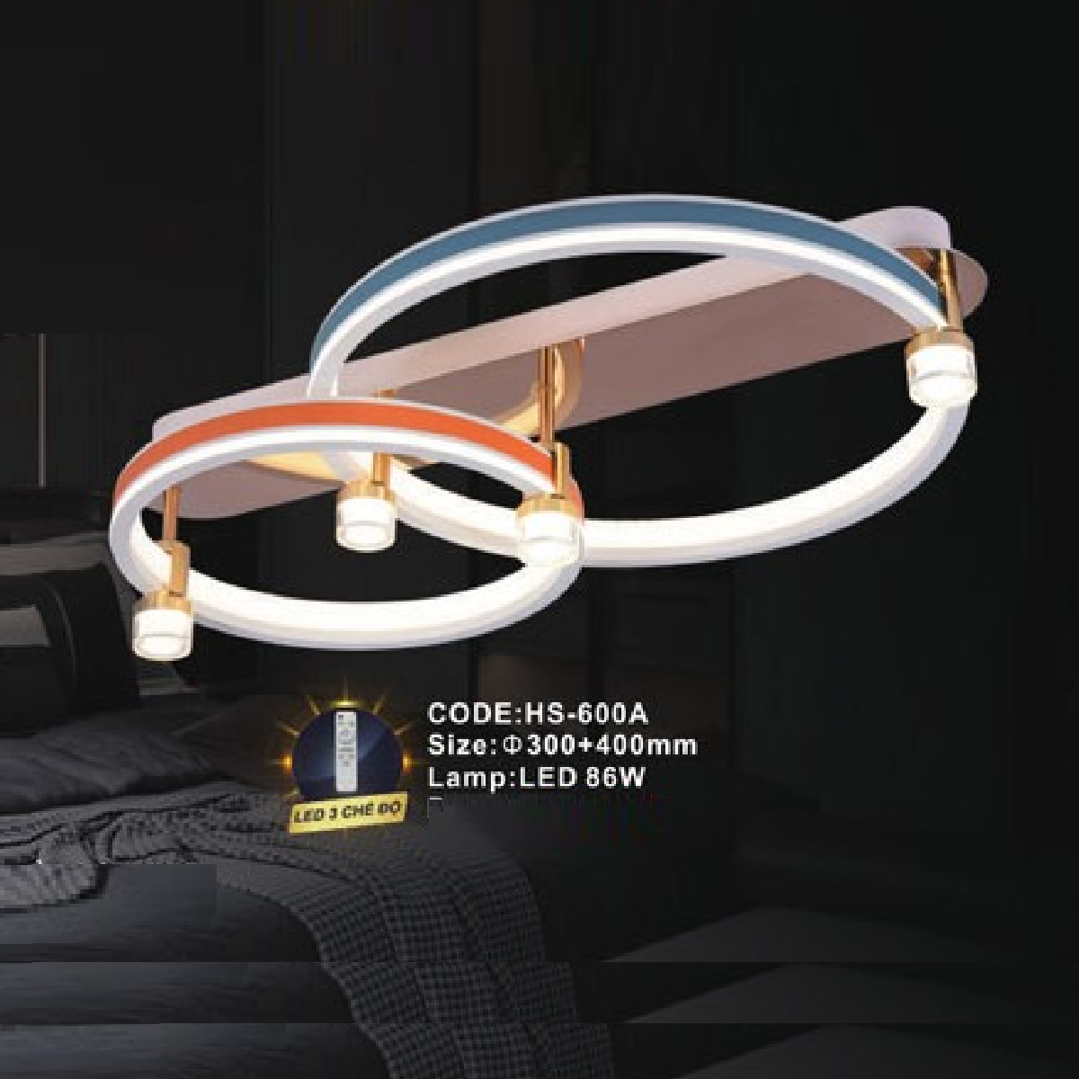 CODE: HS - 600A: Đèn áp trần LED Mica - KT: Ø(300+400)mm - Đèn LED 86W ánh sáng đổi 3 màu