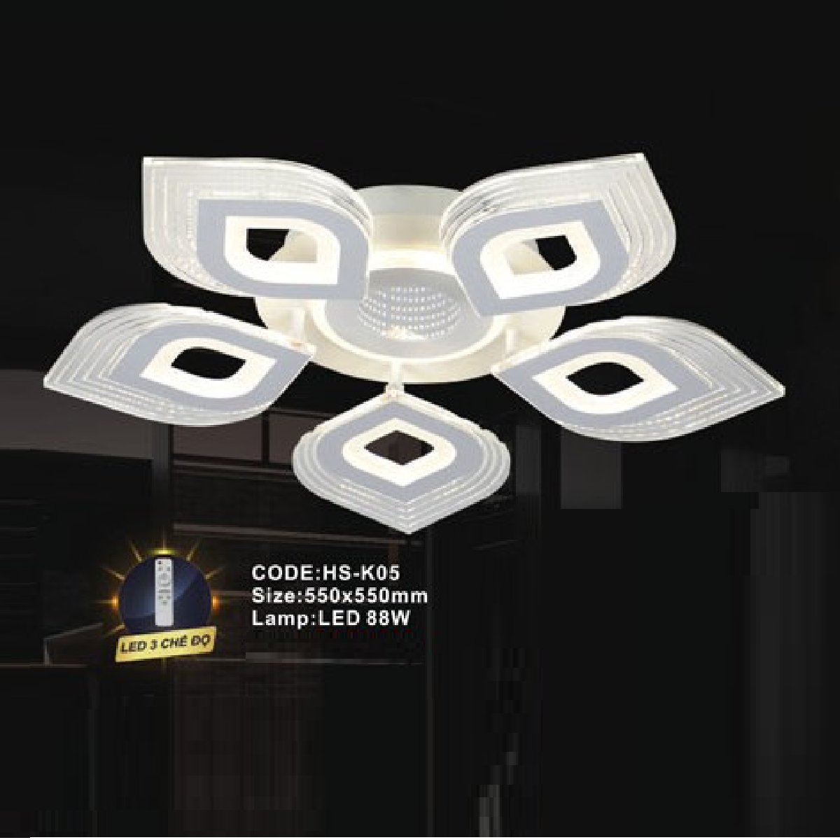 CODE: HS - K05: Đèn áp trần LED Mica - KT: 550mm x 550mm - Đèn LED 88W ánh sáng đổi 3 màu