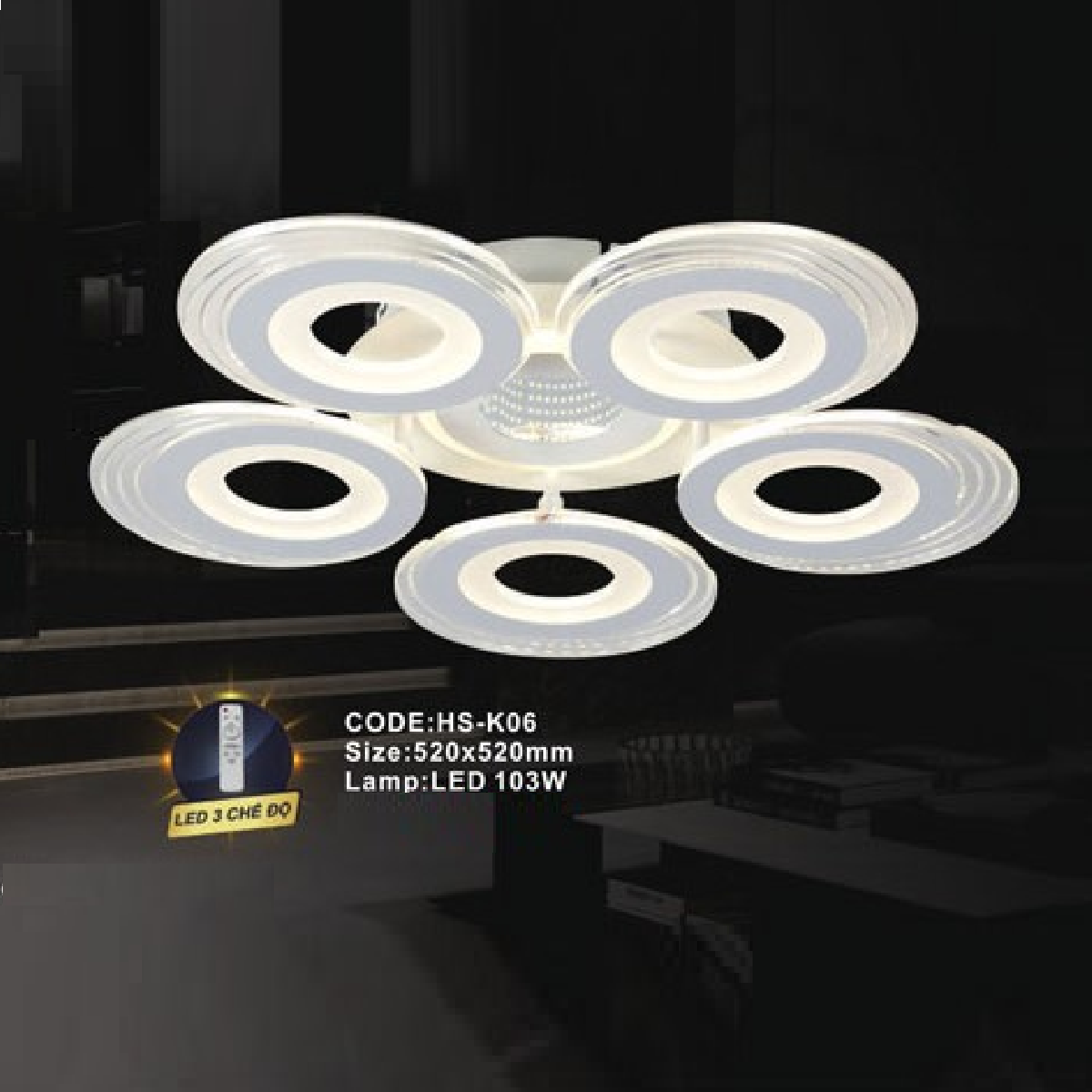 CODE: HS - K06: Đèn áp trần LED Mica - KT: 520mm x 520mm - Đèn LED 103W ánh sáng đổi 3 màu