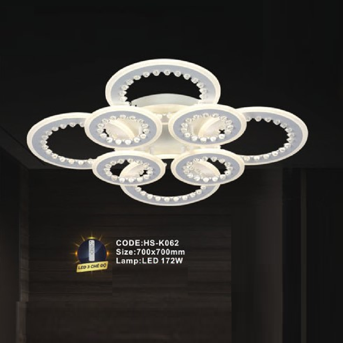 CODE: HS - K062: Đèn áp trần LED Mica - KT: 700mm x 700mm - Đèn LED 172W ánh sáng đổi 3 màu