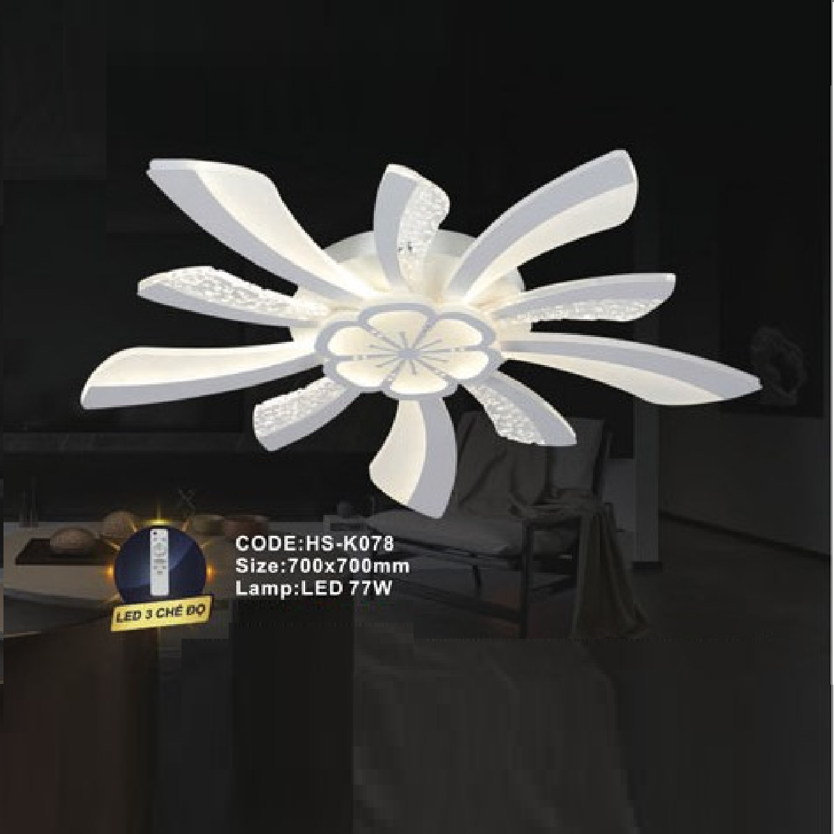 CODE: HS - K078: Đèn áp trần LED Mica - KT: 700mm x 700mm - Đèn LED 77W ánh sáng đổi 3 màu