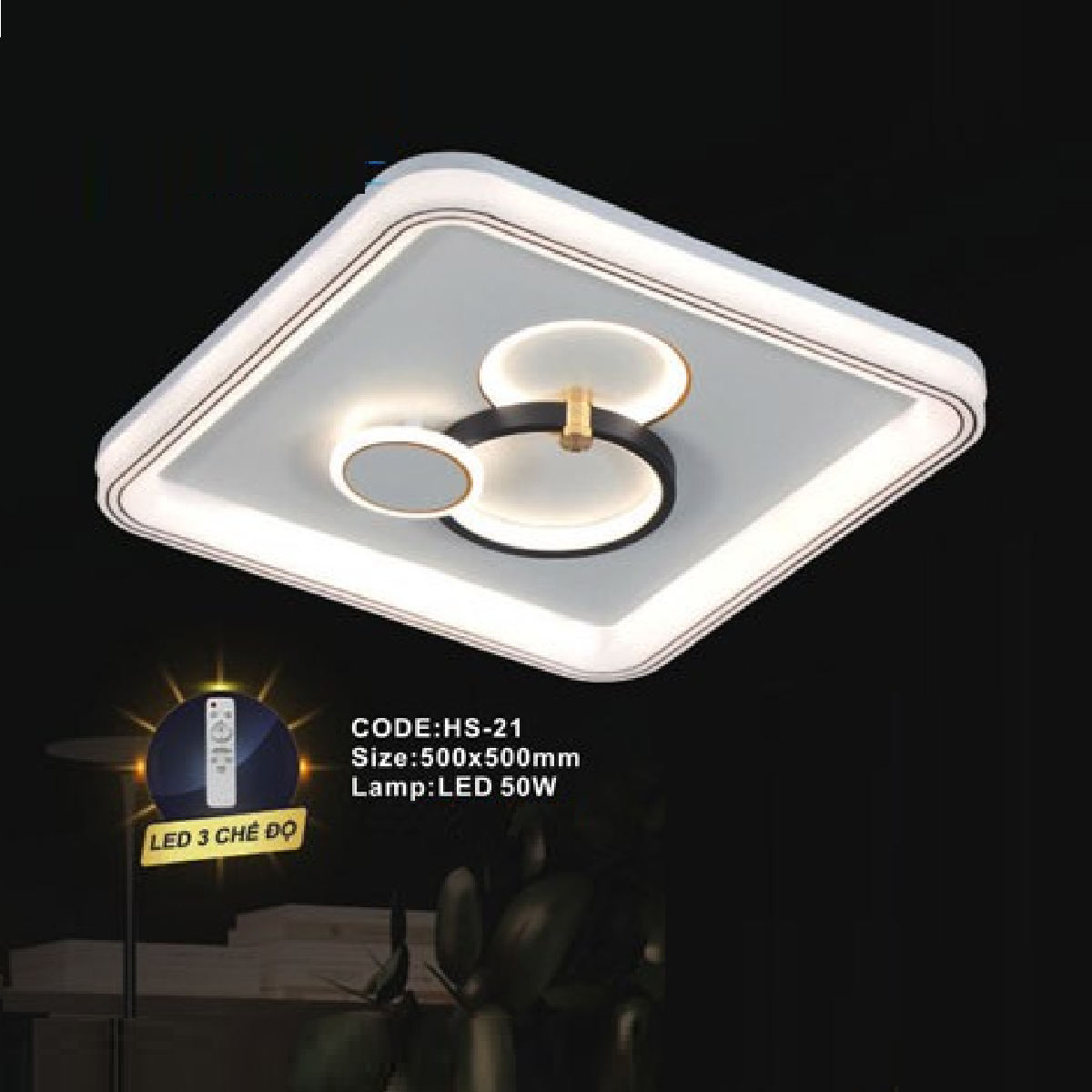 CODE: HS-21: Đèn áp trần LED - KT: L500mm x W500mm - Đèn LED 50W ánh sáng đổi 3 màu