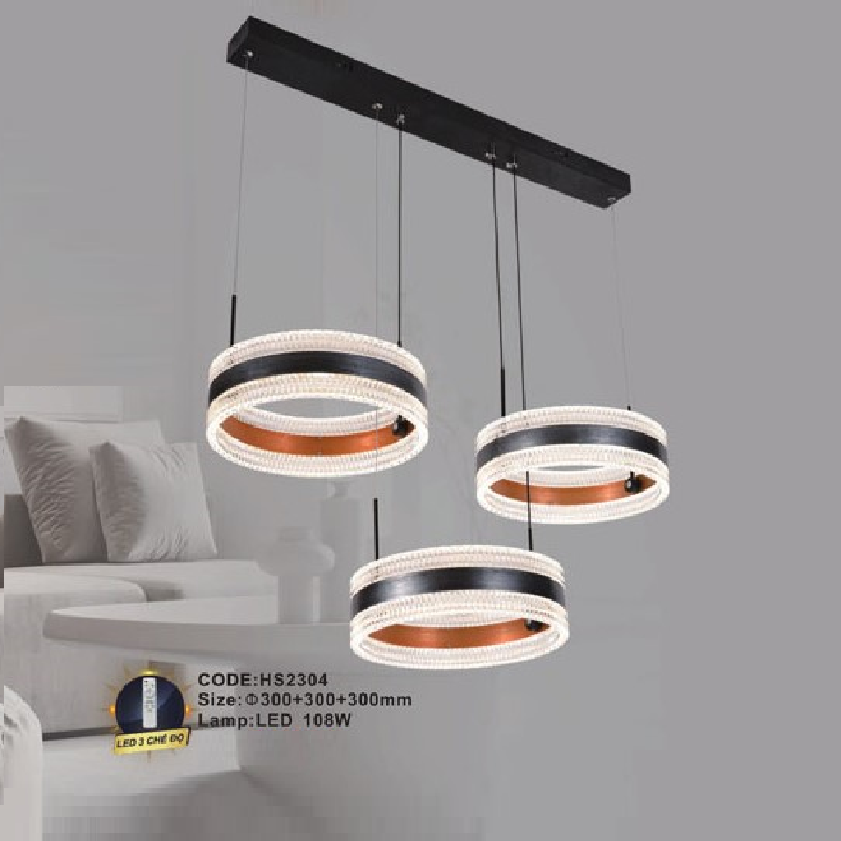 CODE: HS2304: Đèn thả ngang 3 vòng LED - KT: Ø(300+300+300)mm - Đèn LED 108W ánh sáng đổi 3 màu