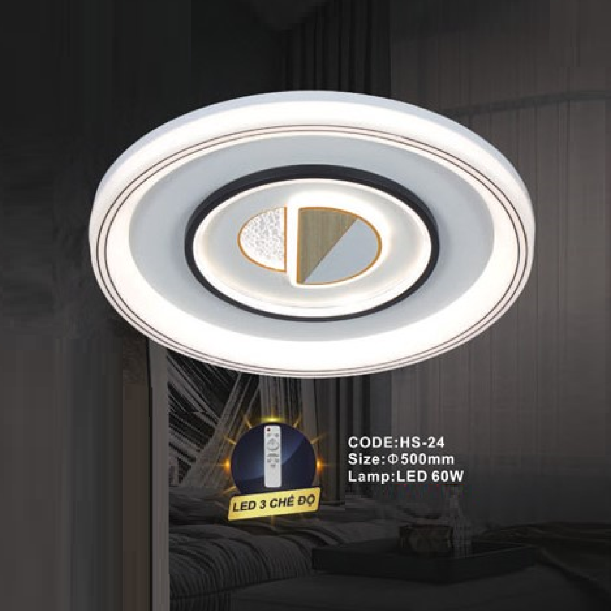 CODE: HS-24:  Đèn áp trần LED - KT: Ø500mm  - Đèn LED 60W ánh sáng đổi 3 màu