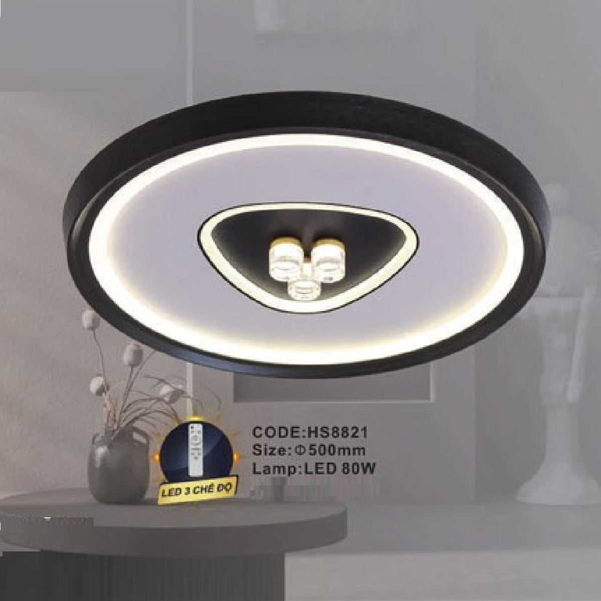 CODE: HS8821:  Đèn áp trần LED - KT: Ø500mm  - Đèn LED 80W ánh sáng đổi 3 màu