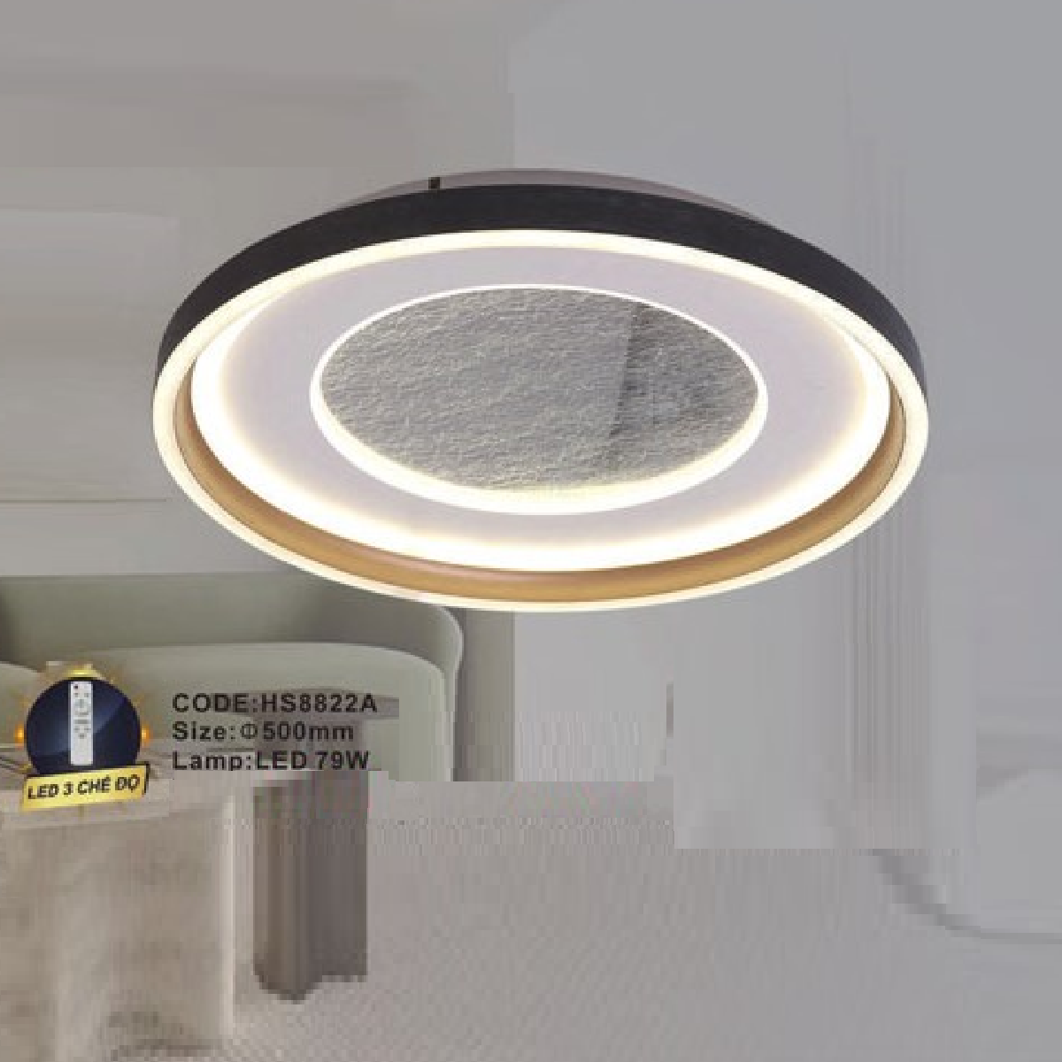 CODE: HS8822A:  Đèn áp trần LED - KT: Ø500mm  - Đèn LED 79W ánh sáng đổi 3 màu