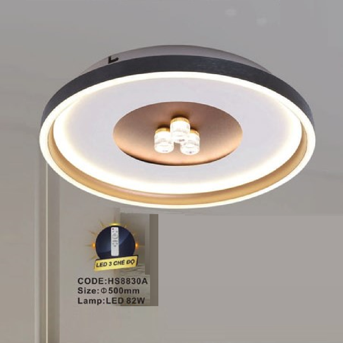 CODE: HS8830A:  Đèn áp trần LED - KT: Ø500mm  - Đèn LED 82W ánh sáng đổi 3 màu