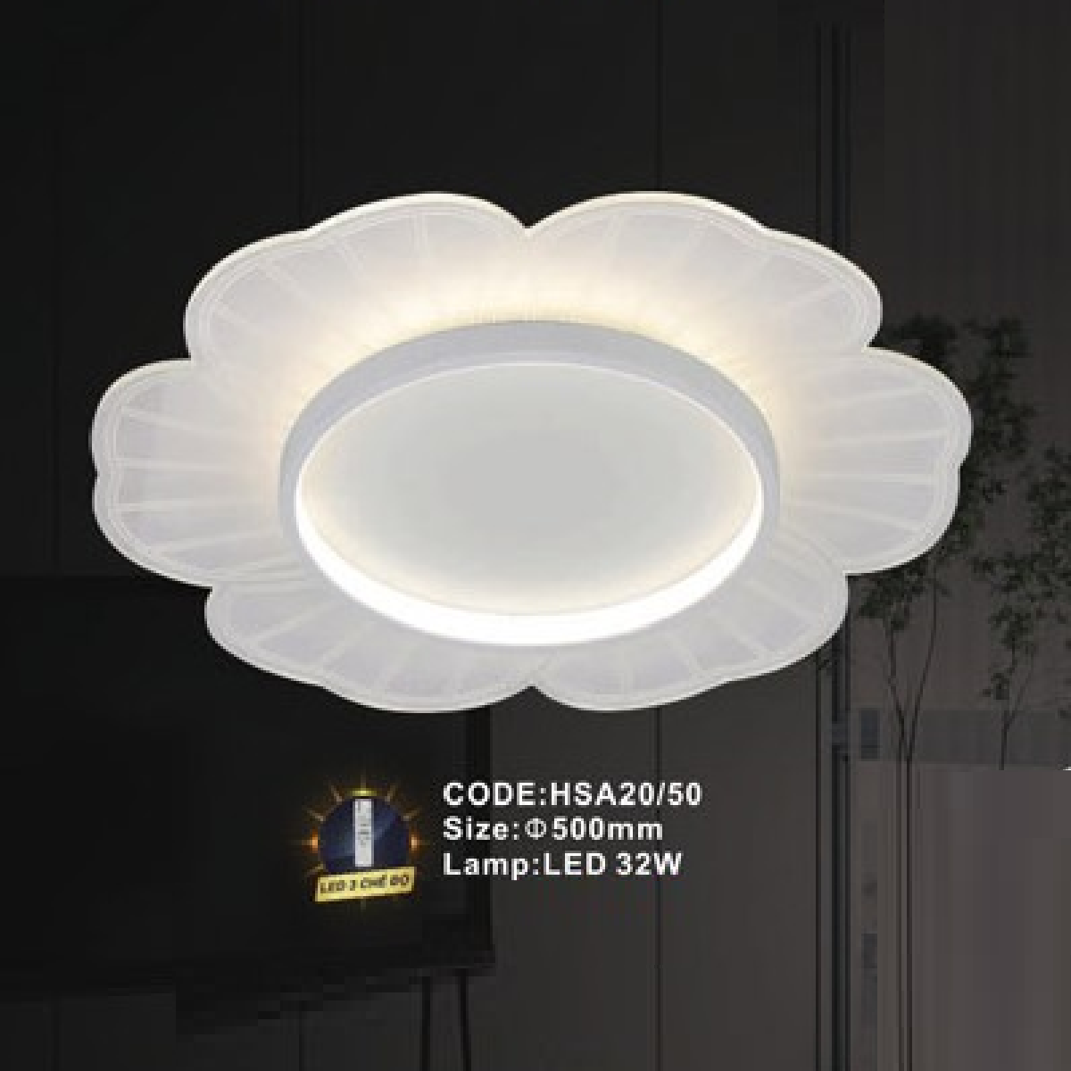 CODE: HSA20/50: Đèn áp trần LED - KT: Ø500mm - Đèn LED 32W ánh sáng đổi 3 màu