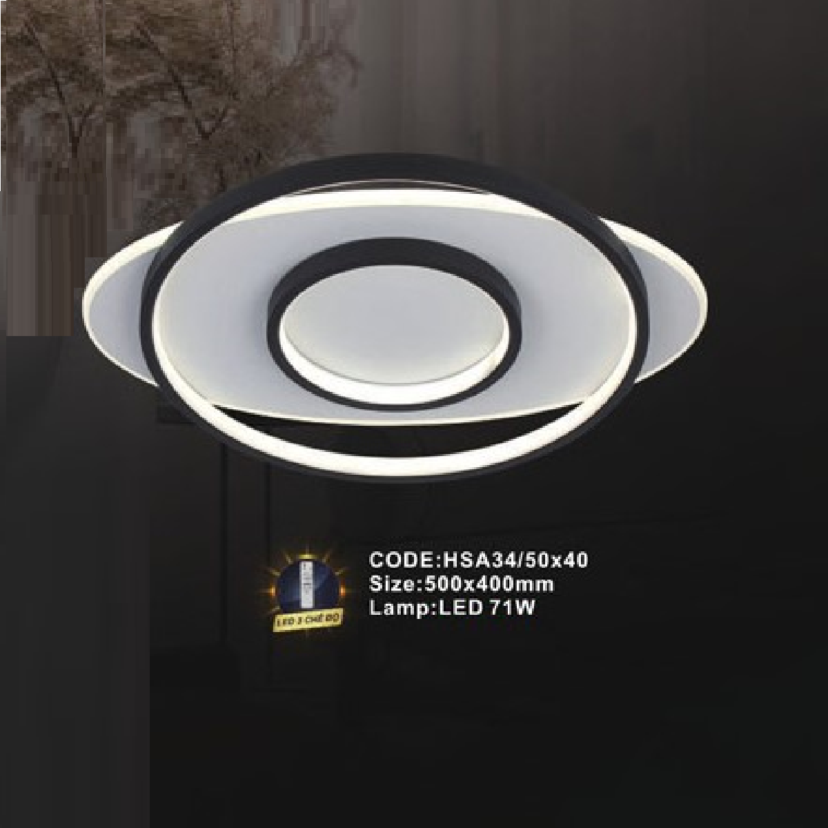 CODE: HSA34/50x40: Đèn áp trần LED - KT: 500mm x 400mm - Đèn LED 71W ánh sáng đổi 3 màu