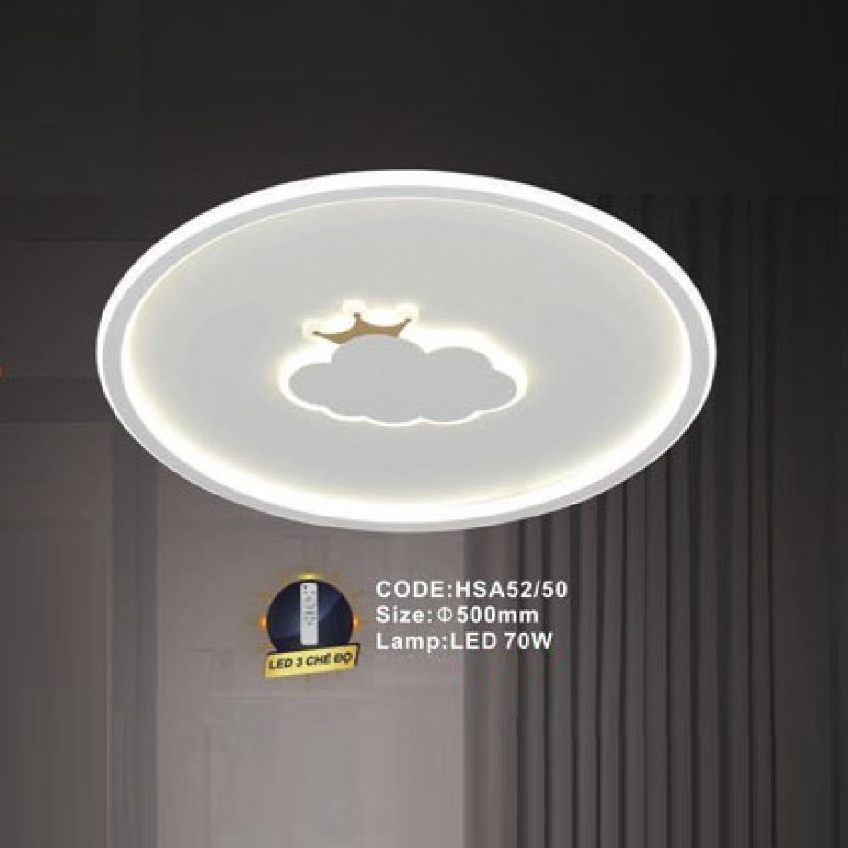 CODE: HSA52/50:  Đèn áp trần LED - KT: Ø500mm  - Đèn LED 70W ánh sáng đổi 3 màu