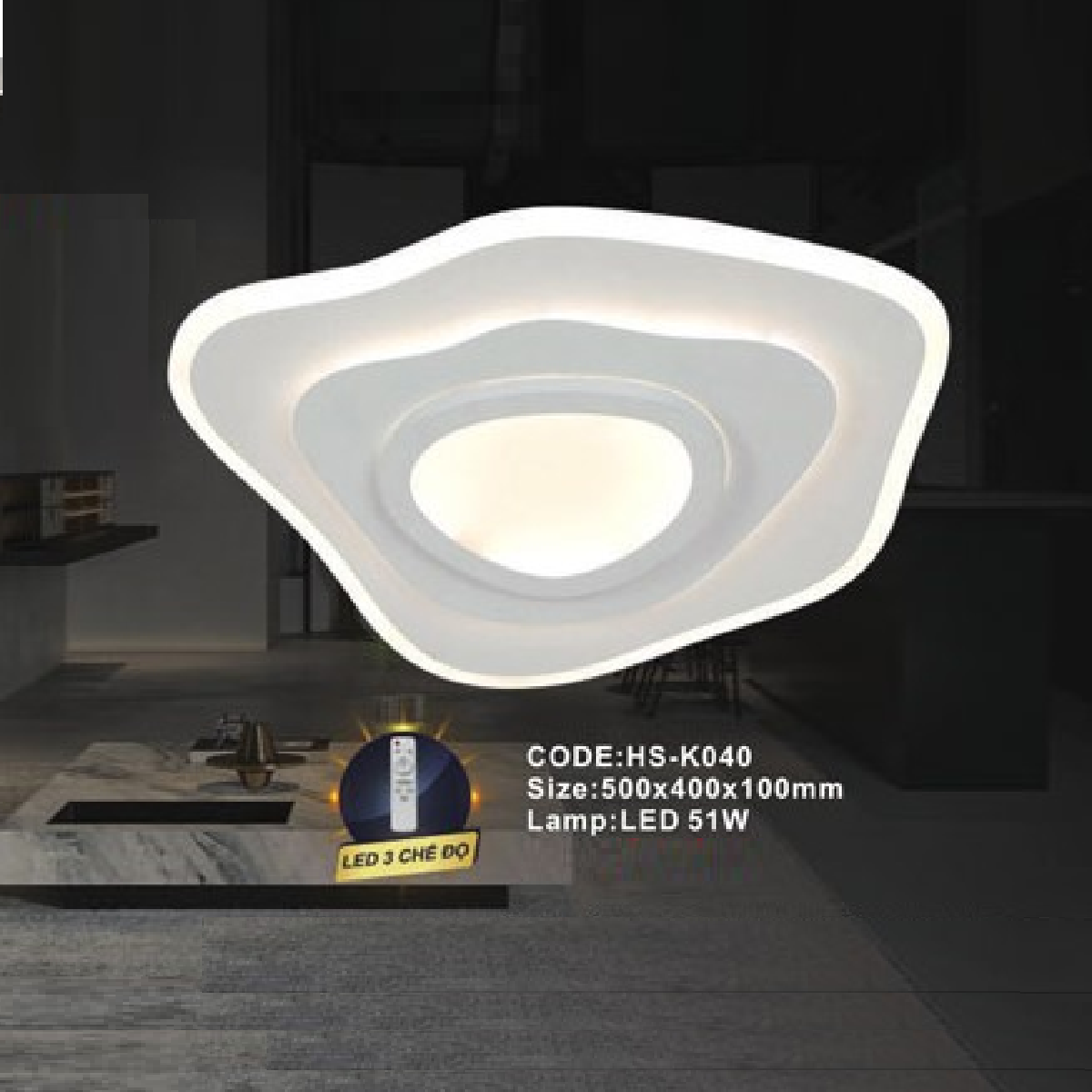 CODE: HS - K040: Đèn áp trần LED  - KT: 500mm x 400mm x100mm - Đèn LED 51W ánh sáng đổi 3 màu