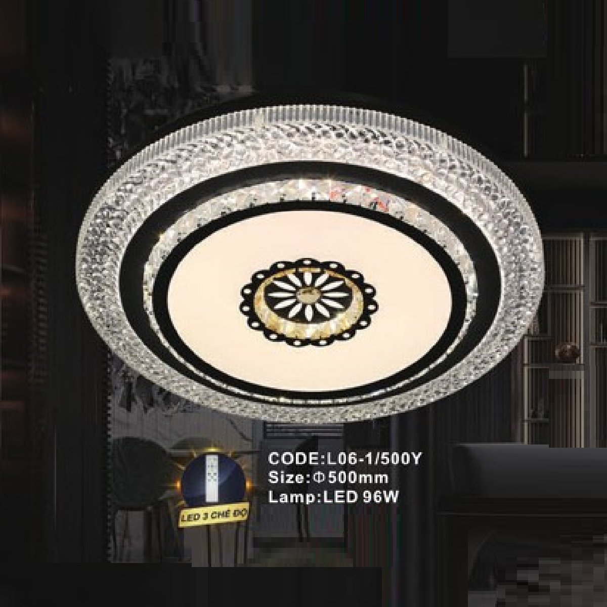 CODE: L06-1/500Y: Đèn áp trần tròn LED - KT: Ø500mm - Đèn LED 96W ánh sáng đổi 3 màu