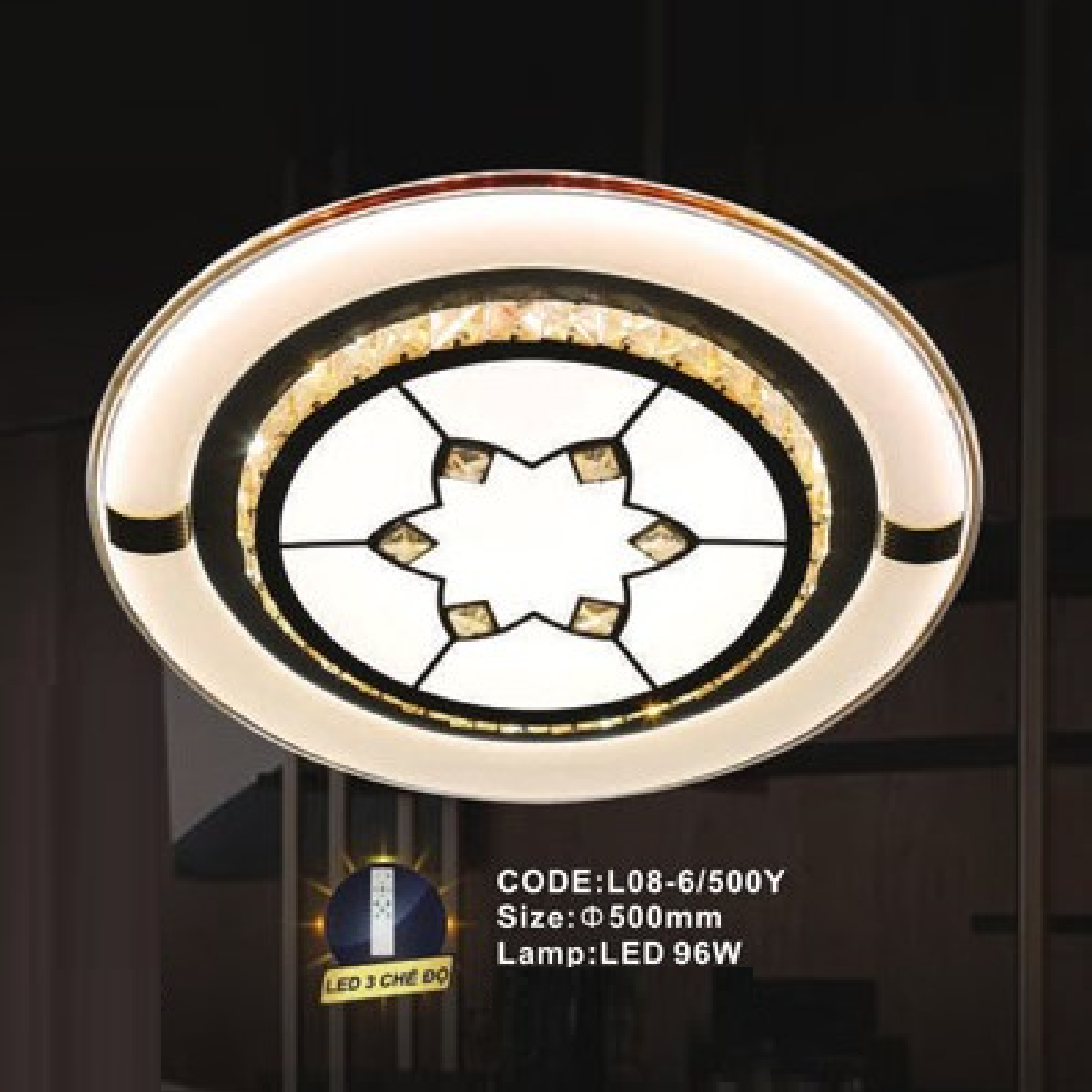 CODE: L08-6/500Y: Đèn áp trần LED - KT: Ø500mm - Đèn LED 96W ánh sáng đổi 3 màu