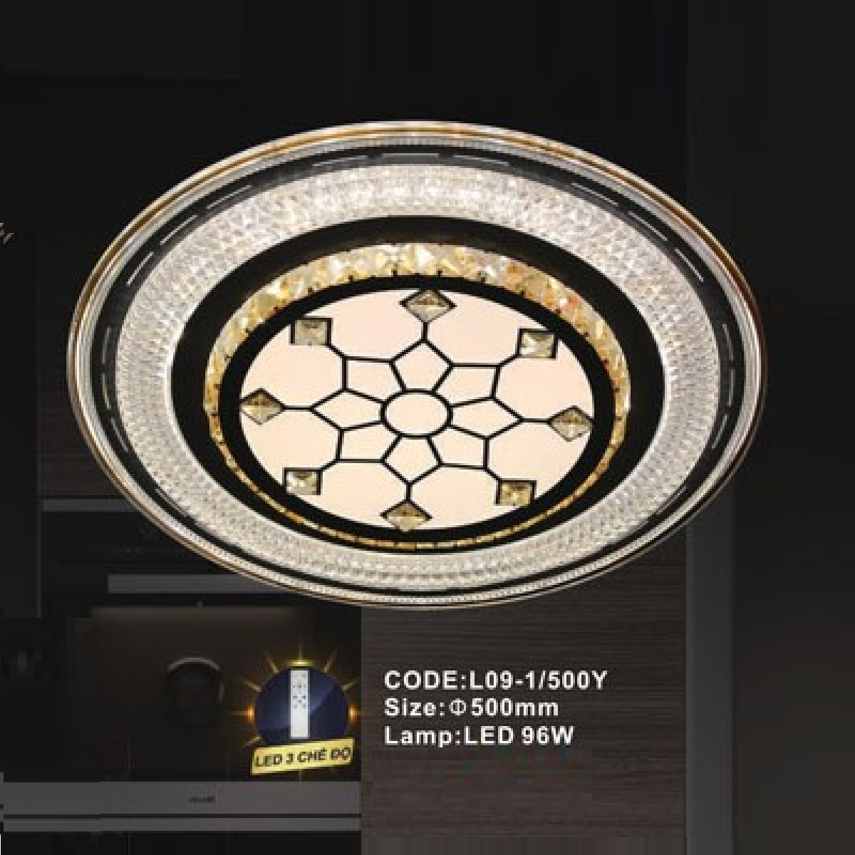 CODE: L09-1/500Y: Đèn áp trần LED - KT: Ø500mm - Đèn LED 96W ánh sáng đổi 3 màu