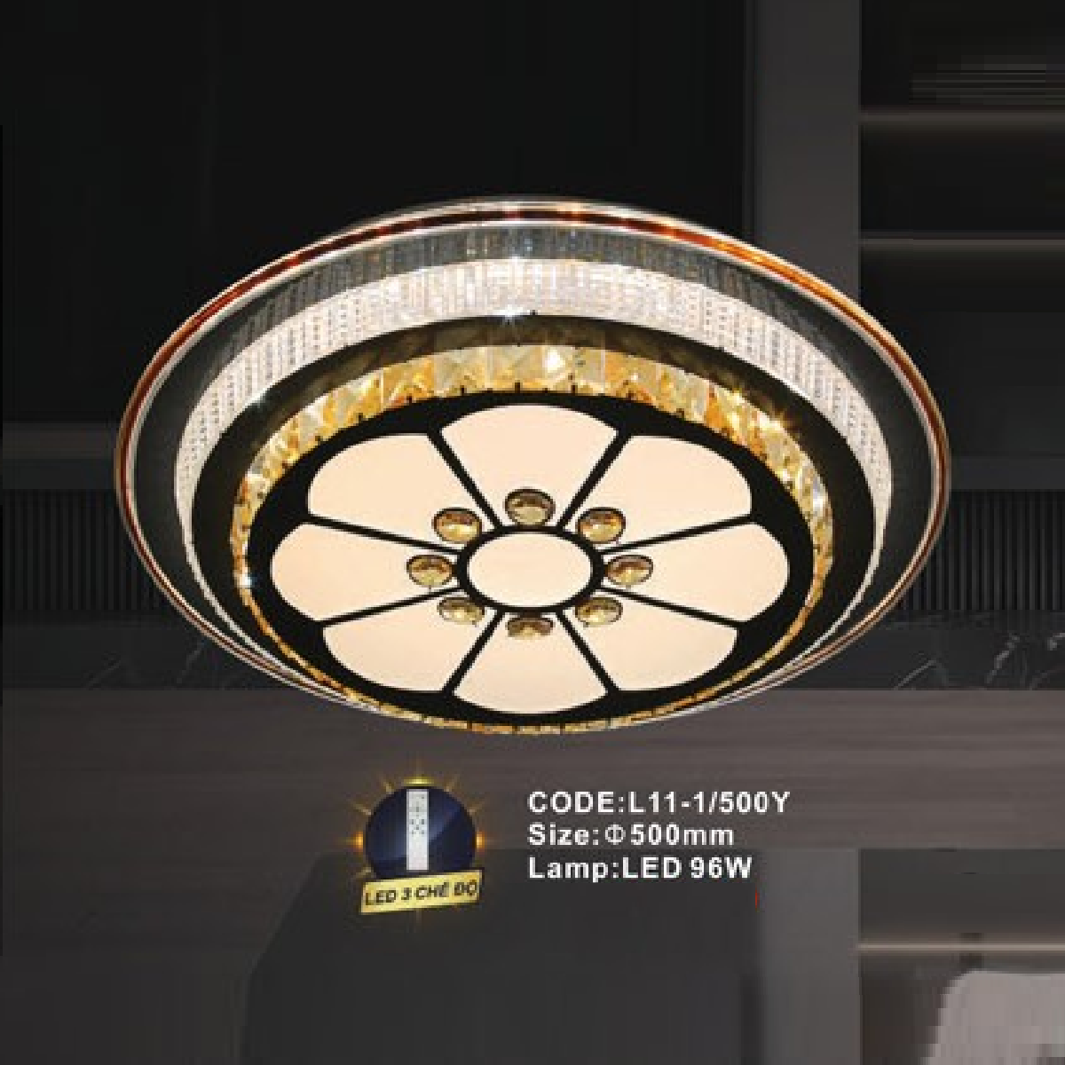 CODE: L11-1/500Y: Đèn áp trần LED - KT: Ø500mm - Đèn LED 96W ánh sáng đổi 3 màu