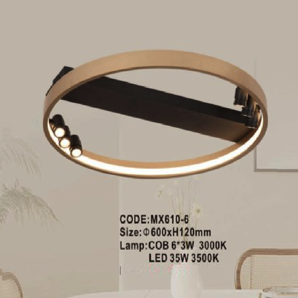 CODE: MX610-6: Đèn áp trần vòng LED - KT: Ø600mm x H120mm - Đèn LED COB 6x3W ánh sáng vàng 3000K + đèn LED 35W ánh sáng vàng 3500K