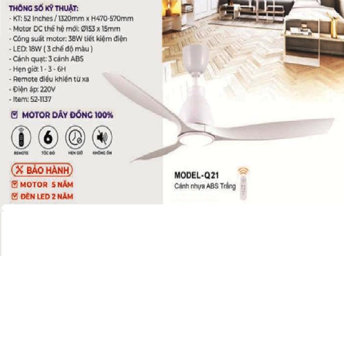 E - MODEL - Q21: Quạt trần đèn LED 3 cánh nhựa ABS màu Trắng