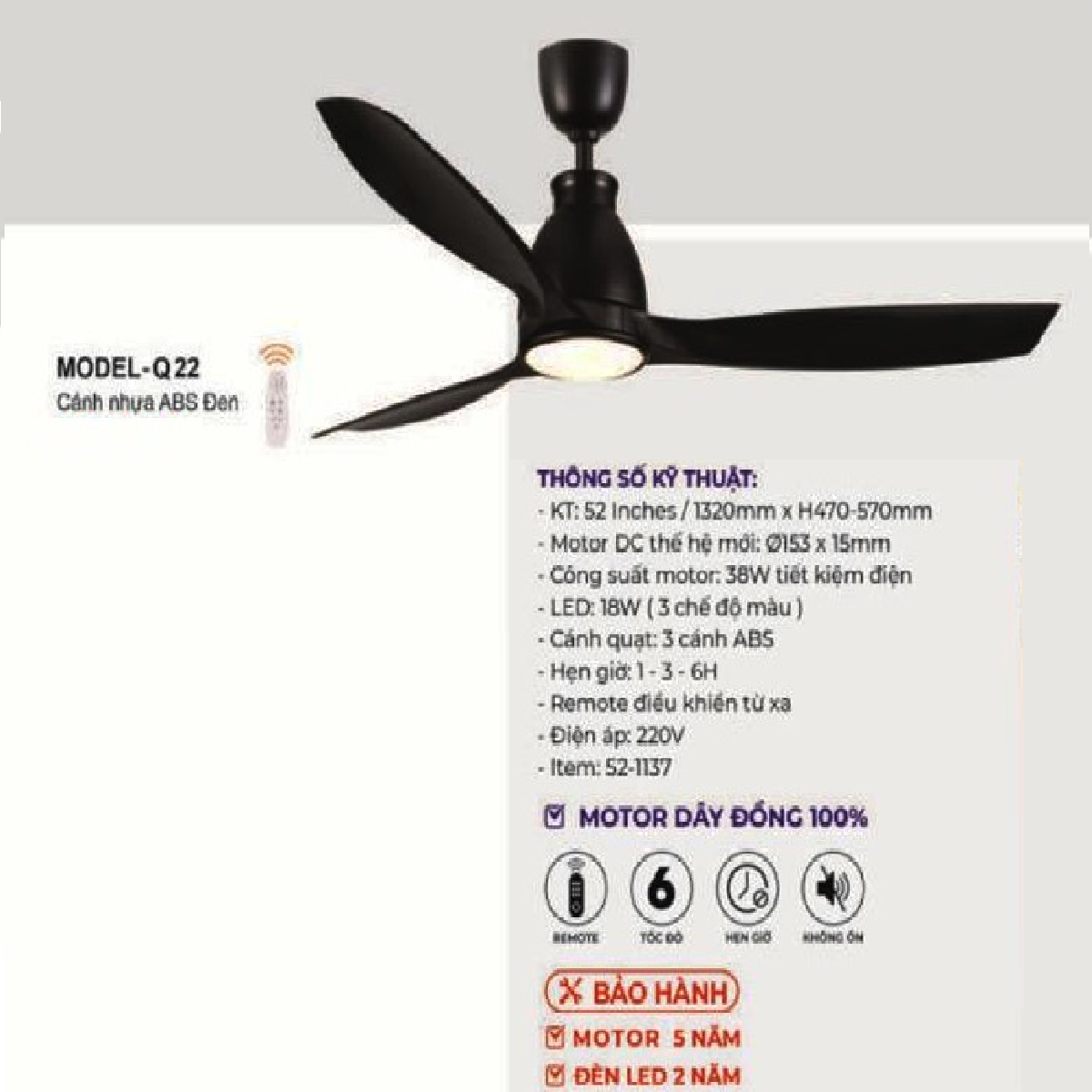 E - MODEL - Q22: Quạt trần đèn LED 3 cánh nhựa ABS màu Đen