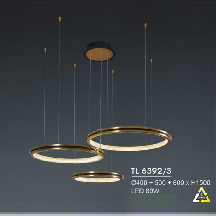 HF - TL 6392/3: Đèn thả 3 vòng LED gắn rời - KT: Ø(400+500+600)mm x H1500mm = Đèn LED 60W đổi 3 màu