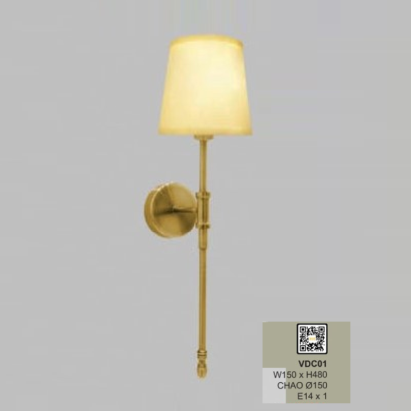 35 - VDC01: Đèn gắn tường đơn,  Thân bằng sắt xi vàng - KT: W150mm x H480mm ; Chao đèn Ø150mm - Bóng đèn E14 x 1 bóng