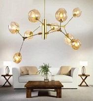 VE-T-2705/9A vàng: Đèn chùm bi màu trà 9 bóng , KT: Ø1100m*H800mm, đèn E27*9 bóng tính riêng