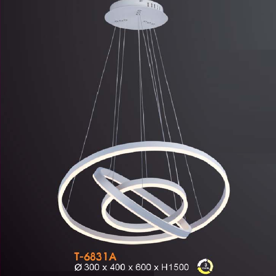 VE - T - 6831A: Đèn thả 3 vòng LED - KT: Ø(300+400+600)mm x H1500mm - Đèn LED đổi 3 màu