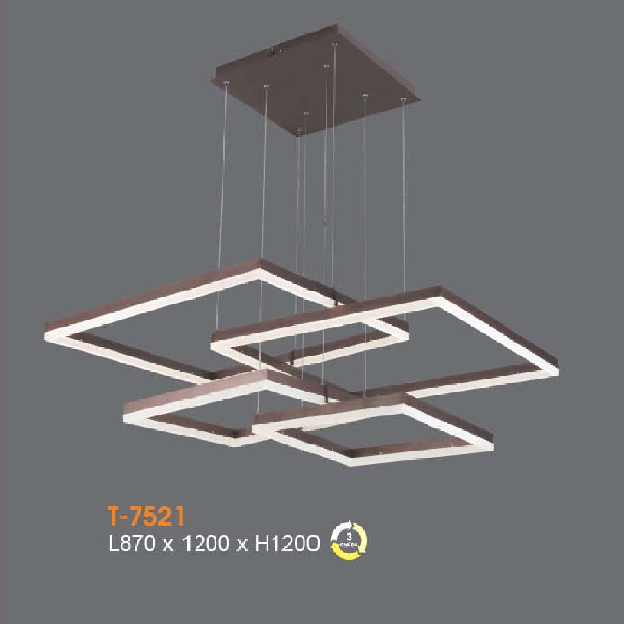 VE - T - 7521: Đèn thả 4 vòng LED vuông - KT: L870mm x W1200mm x H1200mm - Đèn LED đổi 3 màu