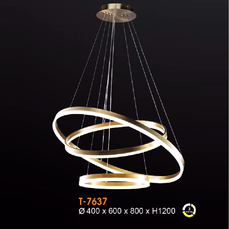 VE - T - 7637: Đèn thả 3 vòng LED xi màu vàng - KT: Ø(400+600+800)mm x H1200mm - Đèn LED đổi 3 màu