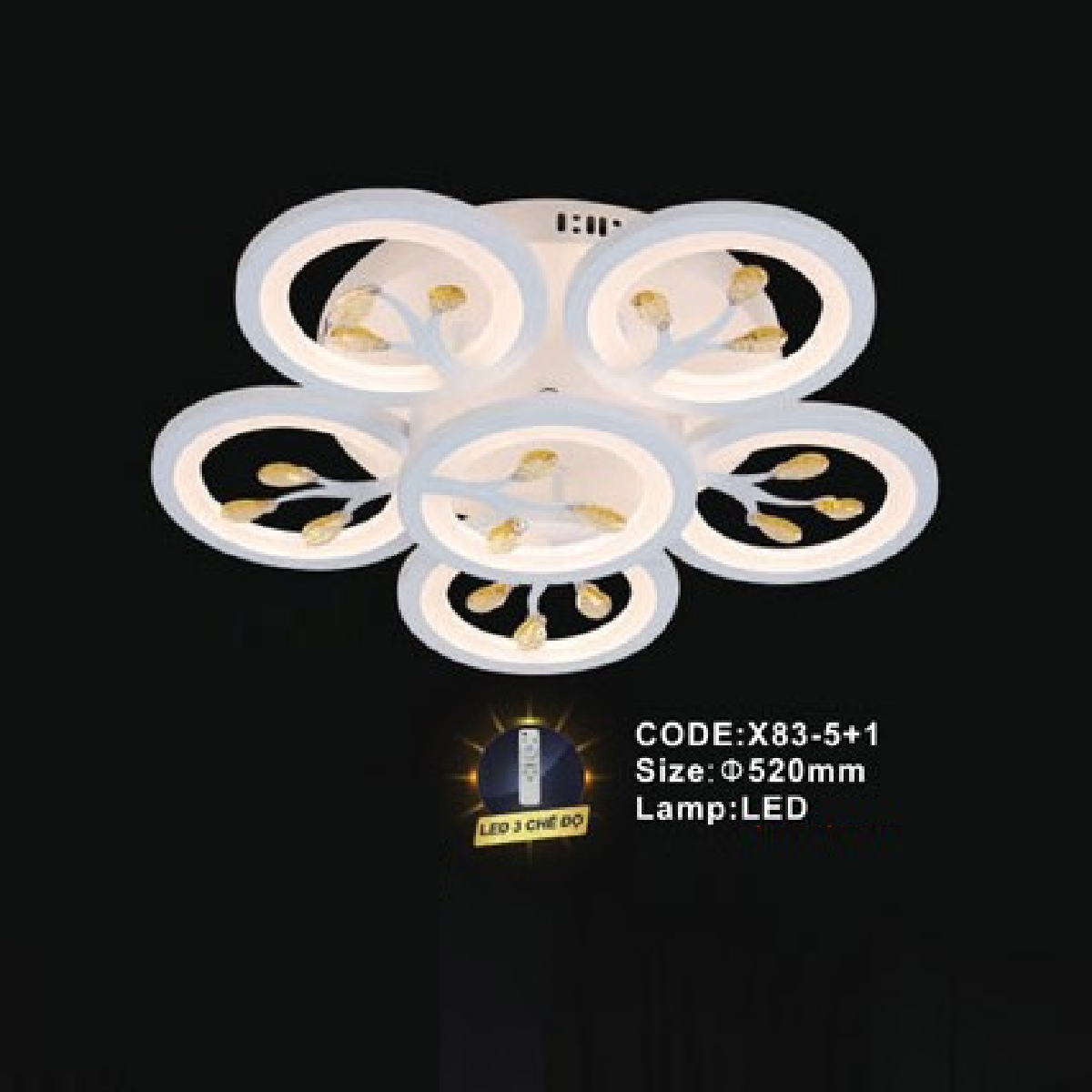CODE: X83-5+1: Đèn áp trần LED Mica 6 cánh - KT: Ø520mm - Đèn LED đổi 3 màu