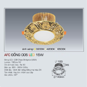 AFC ĐỒNG 005 LED 15W: Đèn LED âm trần 15W, vành đèn bằng đồng, 1 chế độ ánh sáng ( vàng/trung tính/trắng)