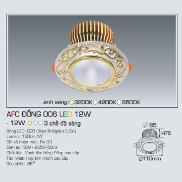 AFC ĐỒNG 006 LED 12W: Đèn LED âm trần 12W, vành đèn bằng đồng, 1 chế độ ánh sáng ( vàng/trung tính/trắng)