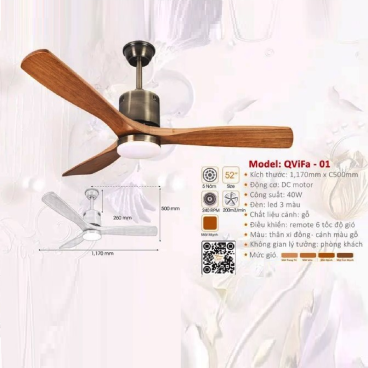QViFa - 01: Quạt trần đèn LED 3 cánh gỗ