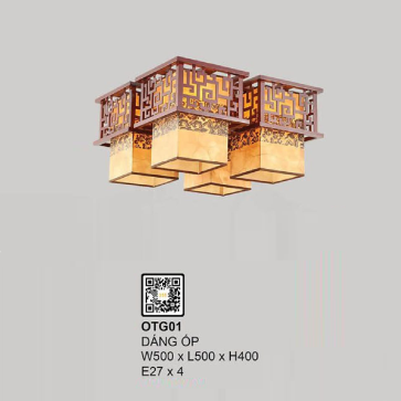 OTG01: Đèn ốp gổ, chao vải - KT: L500mm x W500mm x H400mm - Bóng đèn E27 x 4 bóng