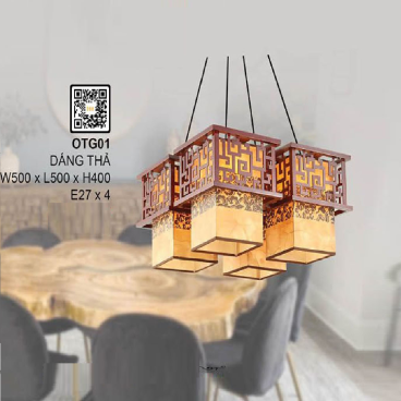 OTG01: Đèn thả gổ, chao vải - KT: L500mm x W500mm x H400mm - Bóng đèn E27 x 4 bóng