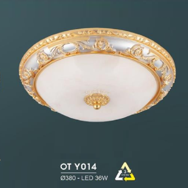 HF - OT  Y014: Đèn ốp trần LED chao thủy tinh - KT: Ø380mm - Đèn LED 36W đổi 3 màu