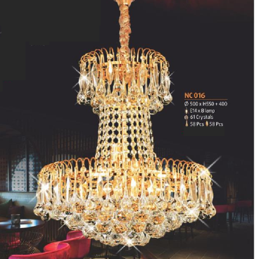 NC 016: Đèn chùm Phale - KT: Ø500mm x H550mm + 400mm - 61 hạt Phale - Bóng đèn chân E14 x 8 bóng