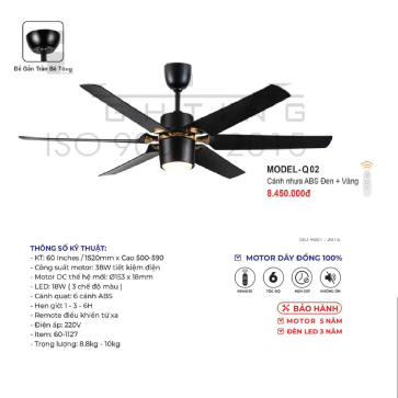 MODEL - Q.02: Quạt trần đèn 6 cánh nhựa ABS