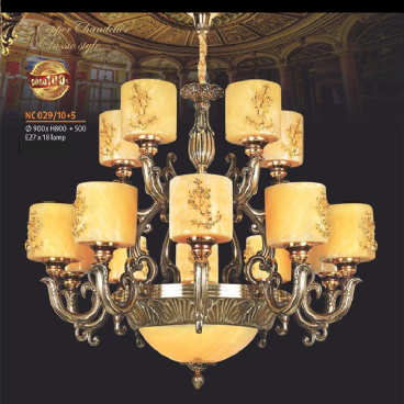 NC 029/10+5:  Đèn chùm đồng chao đá 15 tay, chao đá - KT: Ø900mm x H800mm + 500mm - Đèn chân E 27 x 18 bóng
