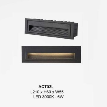35 - ACT02L: Đèn âm tường/âm bậc cầu thang - KT: L210mm x W55mm  x H60mm - Đèn LED 6W ánh sáng vàng 3000K