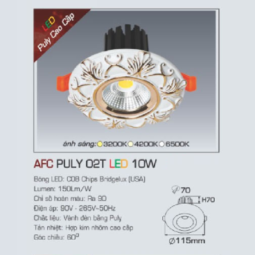 AFC PULY 02T LED 10W: Đèn LED âm trần 10W, 1 chế độ ánh sáng (/vàng/trung tính/trắng)