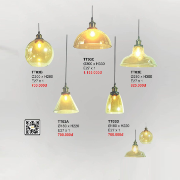 TT03A: Đèn thả chóa thủy tinh màu vàng -  KT: Ø180mm x H220mm - Bop1ng đèn E27 x 1