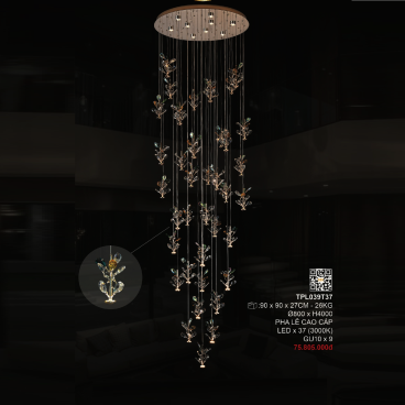 3- TPL039T37: Đèn thả thông tầng Phale LED - KT: Ø800mm x H4000mm - Đèn LED GU10 x 9 bóng + Đèn LED ánh sáng vàng 3000K