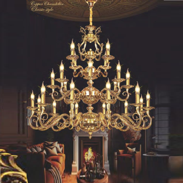 NC 031/12+8+4:  Đèn chùm đồng 24 tay - KT: Ø1200mm x H1100mm + 500mm - Bóng đèn chân E14 x 24 bóng