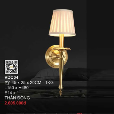 VDC04: Đèn gắn tường đơn, thân đồng - KT: L150mm x H480mm - Bóng đèn E14 x 1