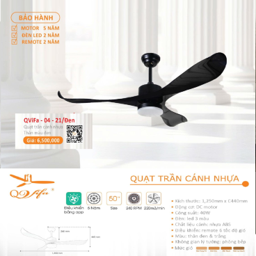 QVifa-04-21/Đen: Quạt trần đèn 3 cánh nhựa ABS