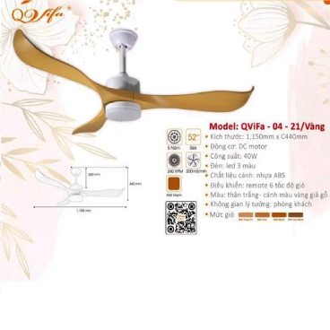 QViFa - 04 - 21/Vàng: Quạt trần đèn 3 cánh Nhựa